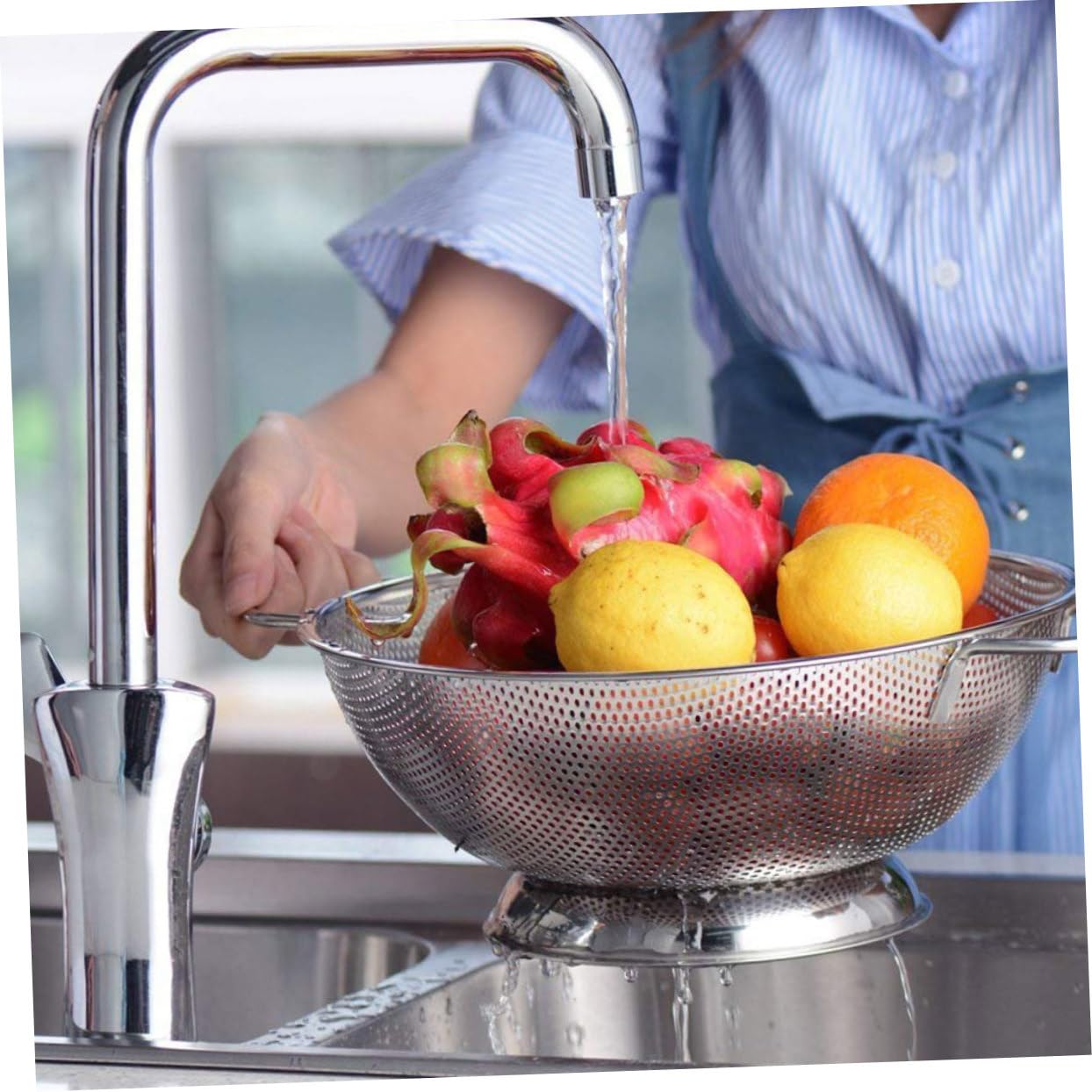 Colador de Acero Inoxidable con Asas, Malla Fina para Cocina | Plata, Doble Asa y Orificios Finos, para Enjuagar Arroz y Escurrir Alimentos