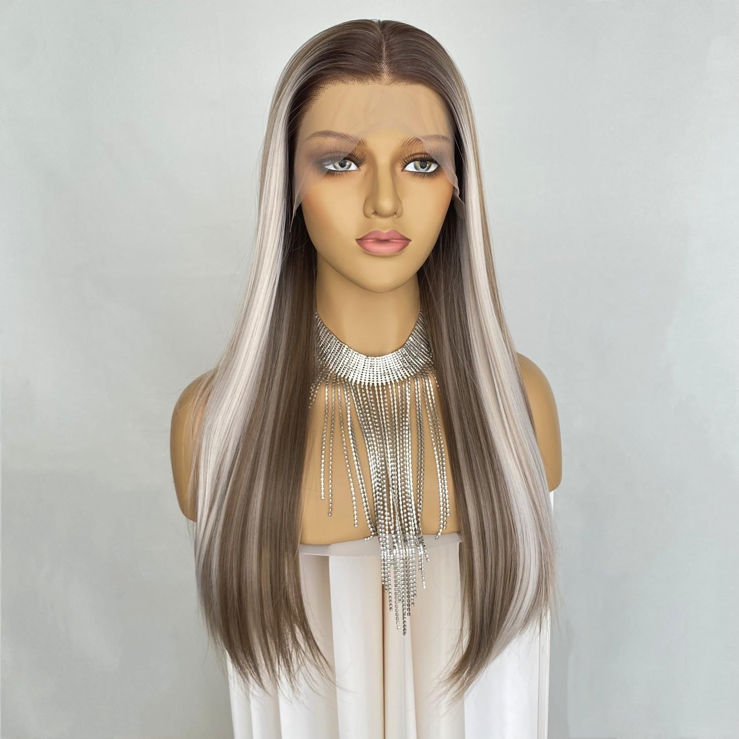 Ash Blonde Brown Highlight Platinum Lace Front Wigs Dark Root Ombre Hair 13x4 Long Straight Synthetic Fiber Wig 22Inch for Women Girls