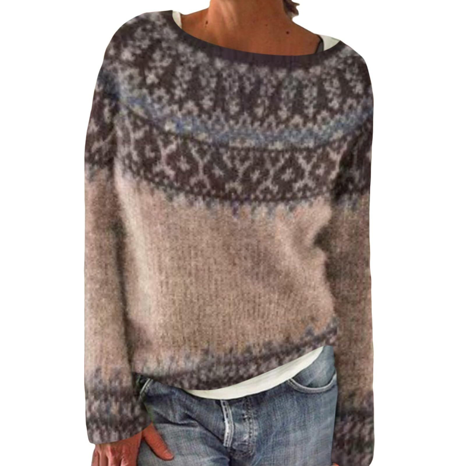 Fair Isle Sweater Women Knitted Vintage Embroidered Sweaters Oversized Casual Loose Crewneck Long Sleeve Jumper Tops
