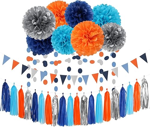 Miniatura 18 de Decoraciones de Fiesta de Halloween Negro-Morado Naranja Verde - 30 piezas Pompones de Papel Tissue, Serpentinas, Guirnalda de Borlas, Pancarta