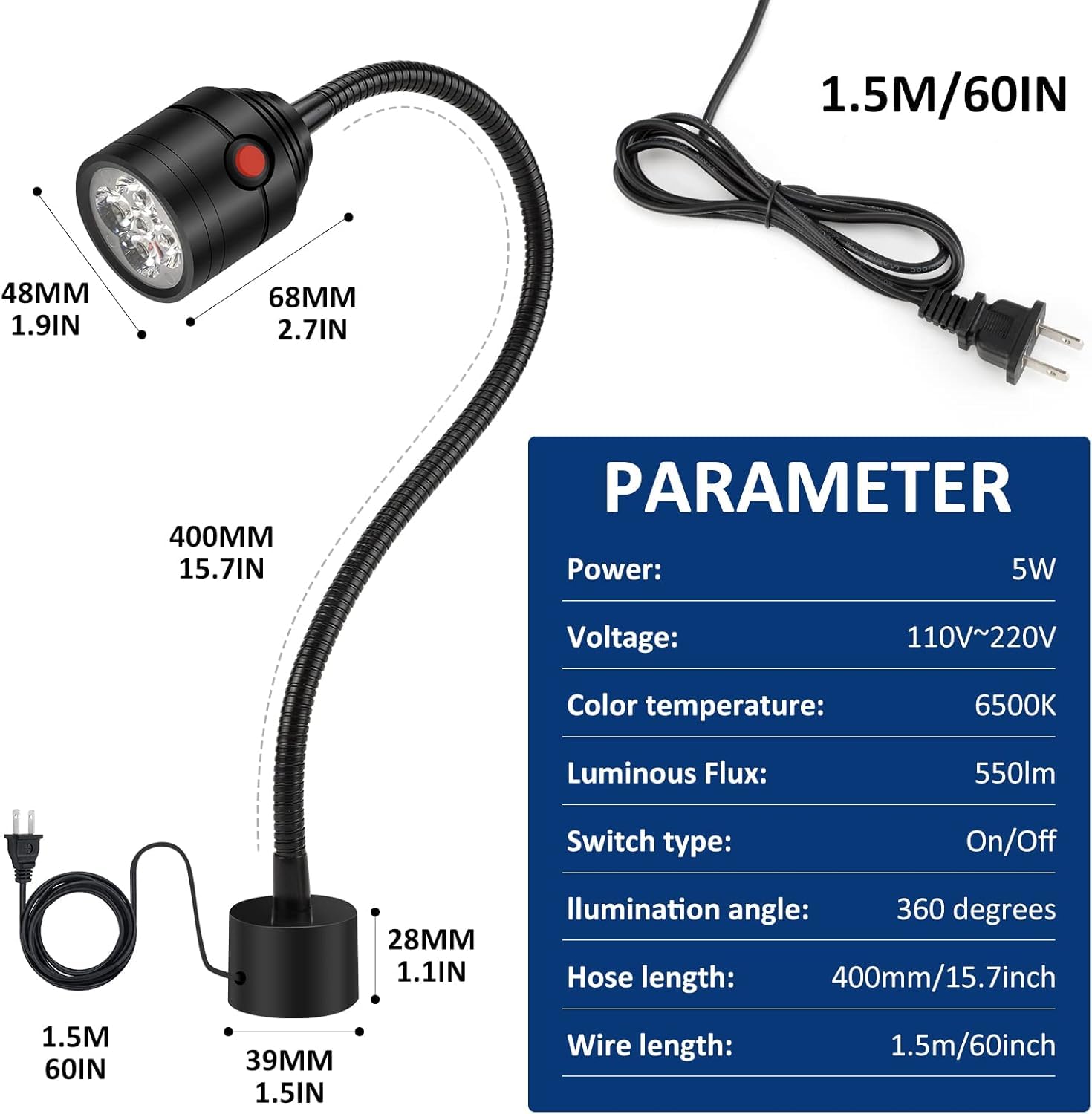 Magnetische Arbeitsleuchte, LED Maschinenlampe mit flexiblem Schwanenhals und Magnetbasis, Ladenwerkzeug Lampe für Drehbank, Nähmaschine, Grill, Industrial Beleuchtung, Schwarz
