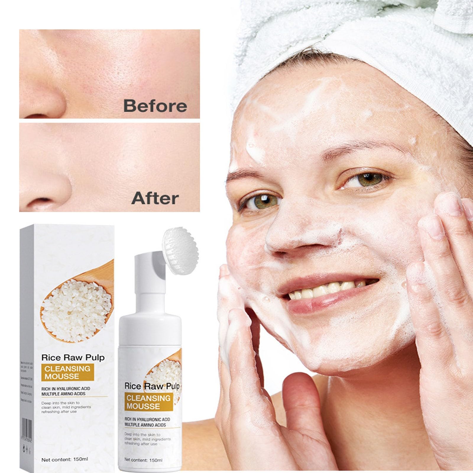 Detergente schiumogeno per riso, detergente esfoliante delicato per il viso con spazzola in silicone, detergente idratante profondo per il viso al riso, detergente nutriente e idratante per la cura