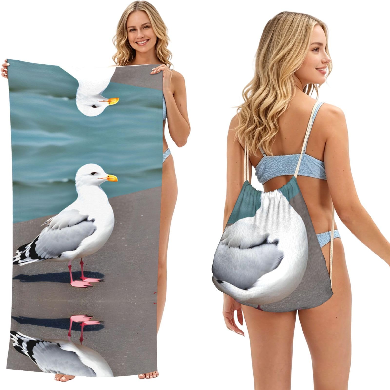 SXZVVBN Cute seagull 2-in-1 Beach Towel Bag, Quick Dry Sand Free Travel Towel Backpack for Adults