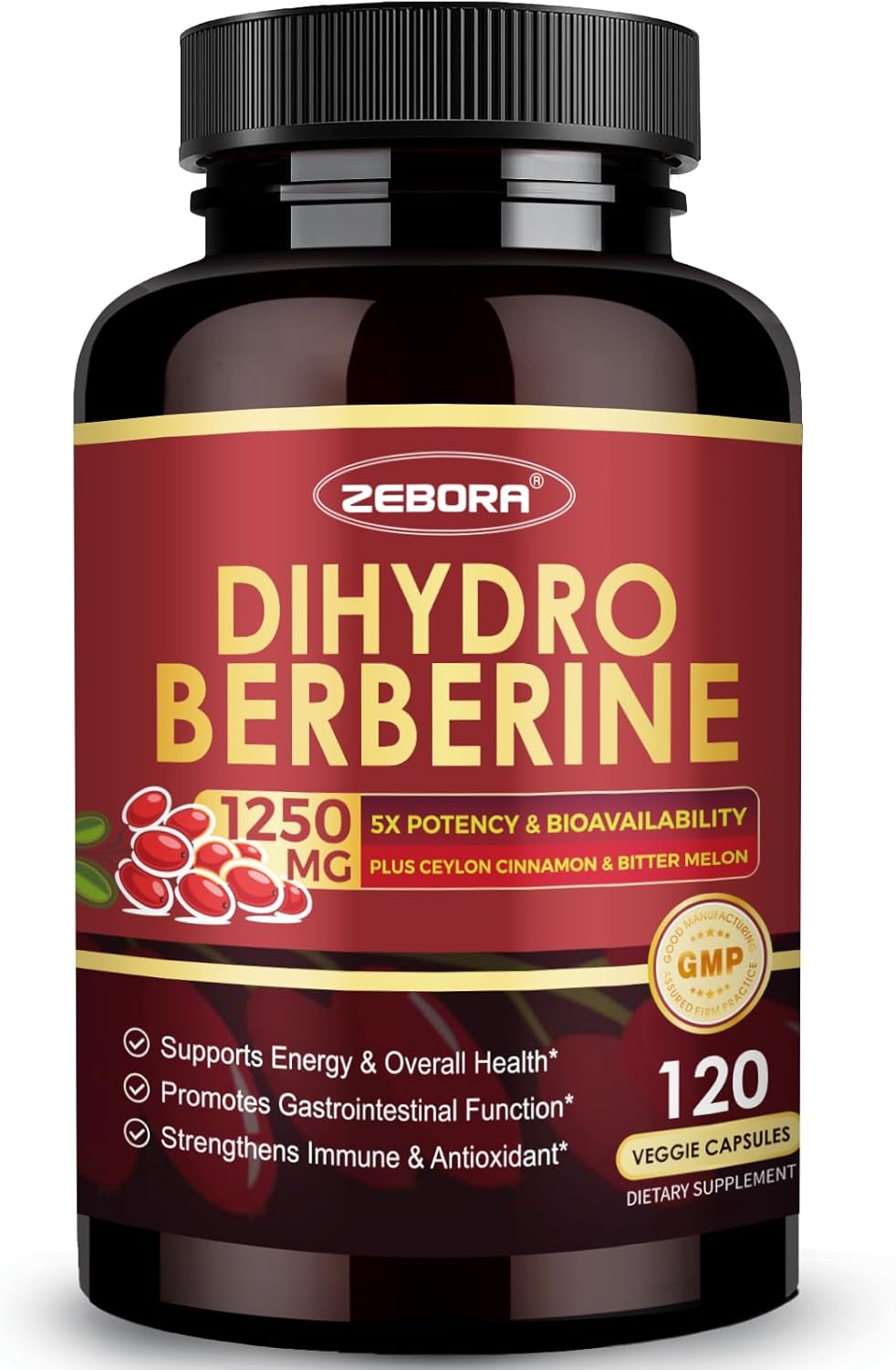 ZEBORA Dihydroberberine 1250mg, Berberine Supplement with Ceylon Cinnamon, Bitter Melon, R-ALA, 5X Potency & Bioavailability - Supports Immune, Digestion & Heart Health, Non-GMO, 120 Capsules