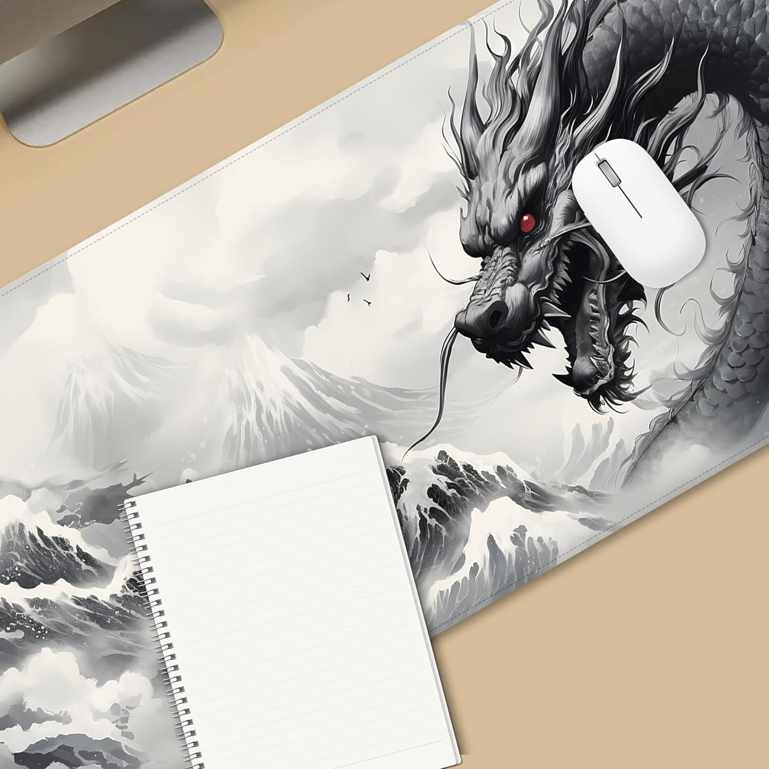 ProbTis Black and White Dragon Mouse Pad, Large Japanese Desk Mat, XXL Anime Gaming Keyboard Mat, Oriental Decor, Big Extended Desk Protector for Home Office, 35.4"x15.7" (Dragon BW) - Image 2