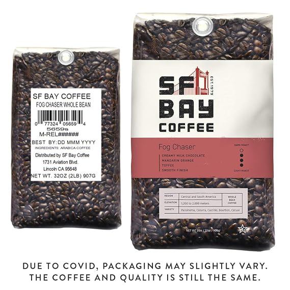 SF Bay Coffee Breakfast Blend Whole Bean 2LB (32 Ounce) Medium Roast & Coffee Fog Chaser Whole Bean 2LB (32 Ounce) Medium Dark Roast (Packaging May Vary)
