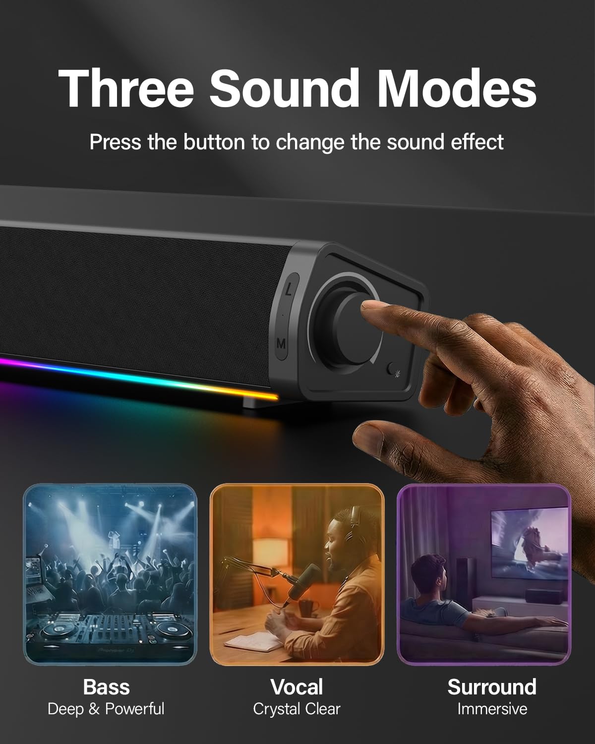 Altoparlanti per computer da gioco RGB immersivi con 3 modalità audio per PC desktop, altoparlanti monitor USB-C con bassi migliorati, ingresso AUX e porta cuffie per PC, laptop, Mac, PS5