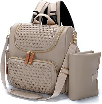Minsong Diaper Bag Backpack, Small Diaper Backpack for Mom with Changing Station, Stylish Vegan Leather Travel Diaper Nappy Bags Khaki