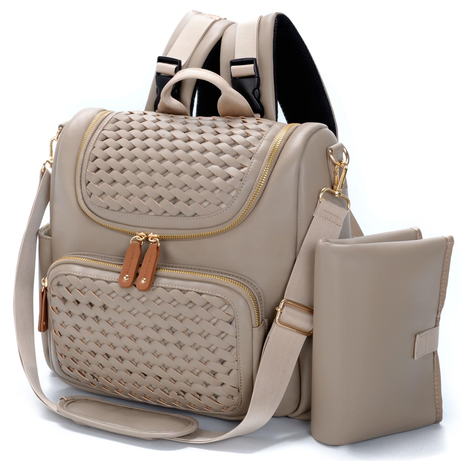 Minsong Diaper Bag Backpack, Small Diaper Backpack for Mom with Changing Station, Stylish Vegan Leather Travel Diaper Nappy Bags (Khaki)
