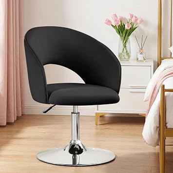 Furniliving Swivel Vanity Chair with Back, Modern Accent Chair with Plated Frame, Height Adjustable Makeup Chairs for Bedroom, Side Chair for Living Room, Office, Velvet, Black