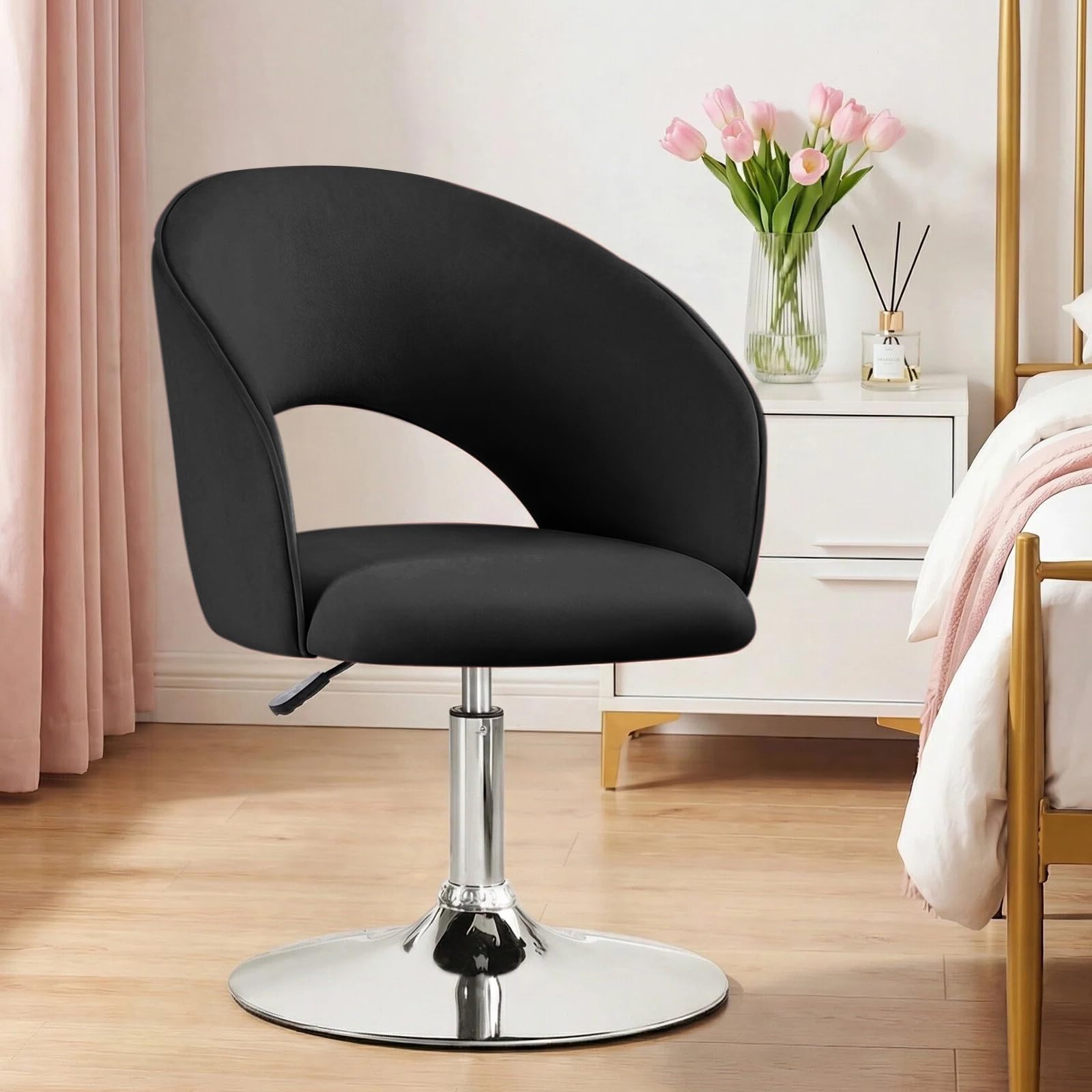 Ckaff Swivel Vanity Chair with Arm, Comfy Chair for Vanity, Modern Swivel Accent Chair, Adjustable Height Makeup Chair with Base for Bedroom, Makeup Room, Study Room, Velvet(Black-1)