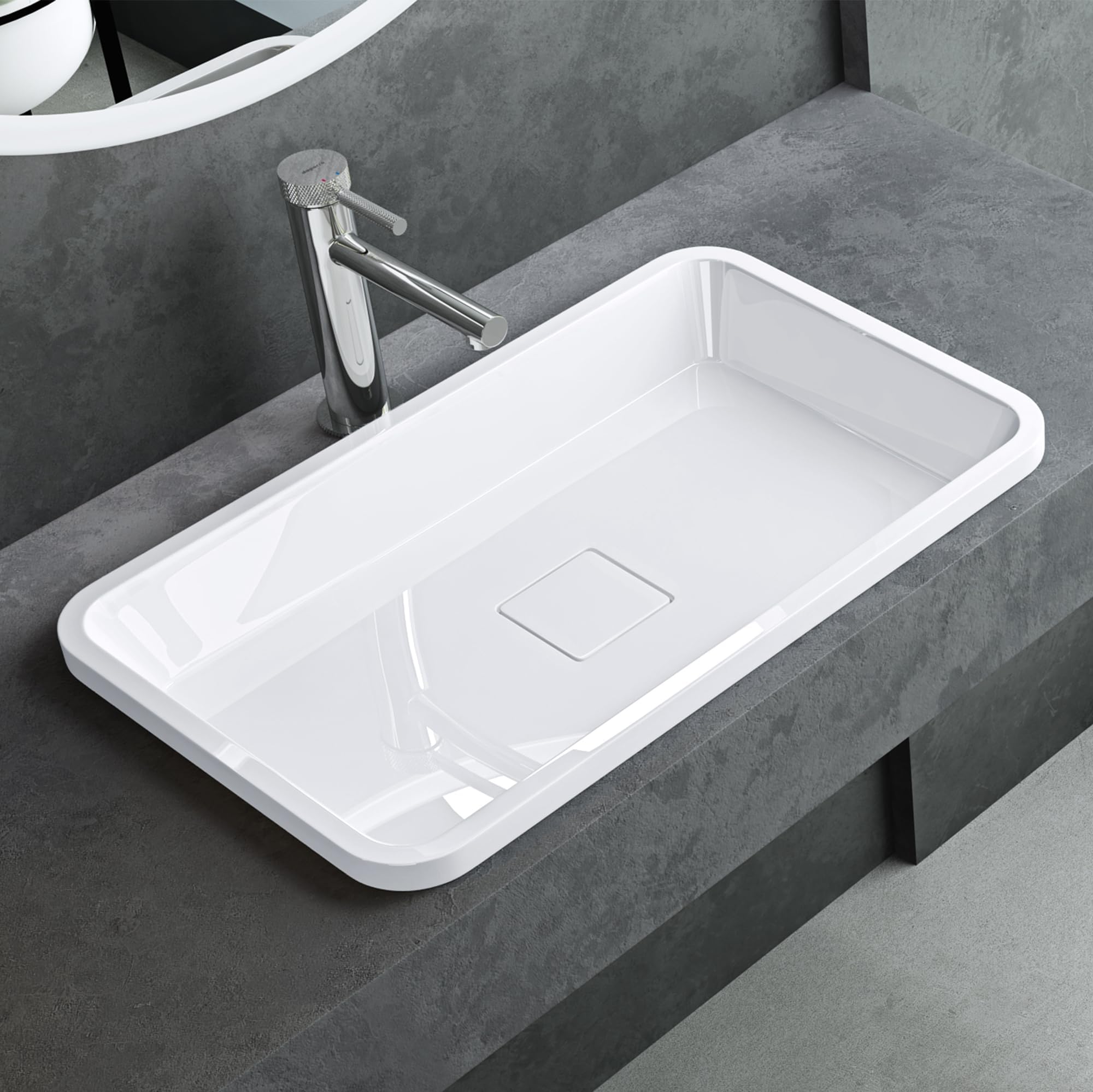 Mai & Mai Lavabo da Incasso 53x33x10.5cm, Lavandino Bagno da Appoggio Rettangolare da Minerale Fuso, Bianco Lucido, Colossum104