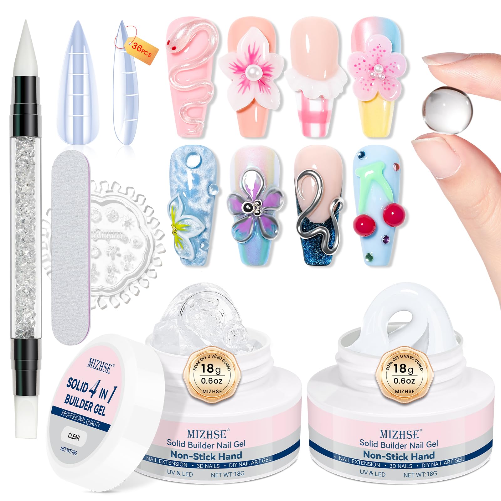 MIZHSE Clear und Weiß Solid Builder Gel 5-In-1 3D Gels Nail Art für Nail Charms, 3D Gel Nail Art für Nagelskulptur und Nagelverlängerung, Nagel Gels Clear Weiß 18g 2er Pack