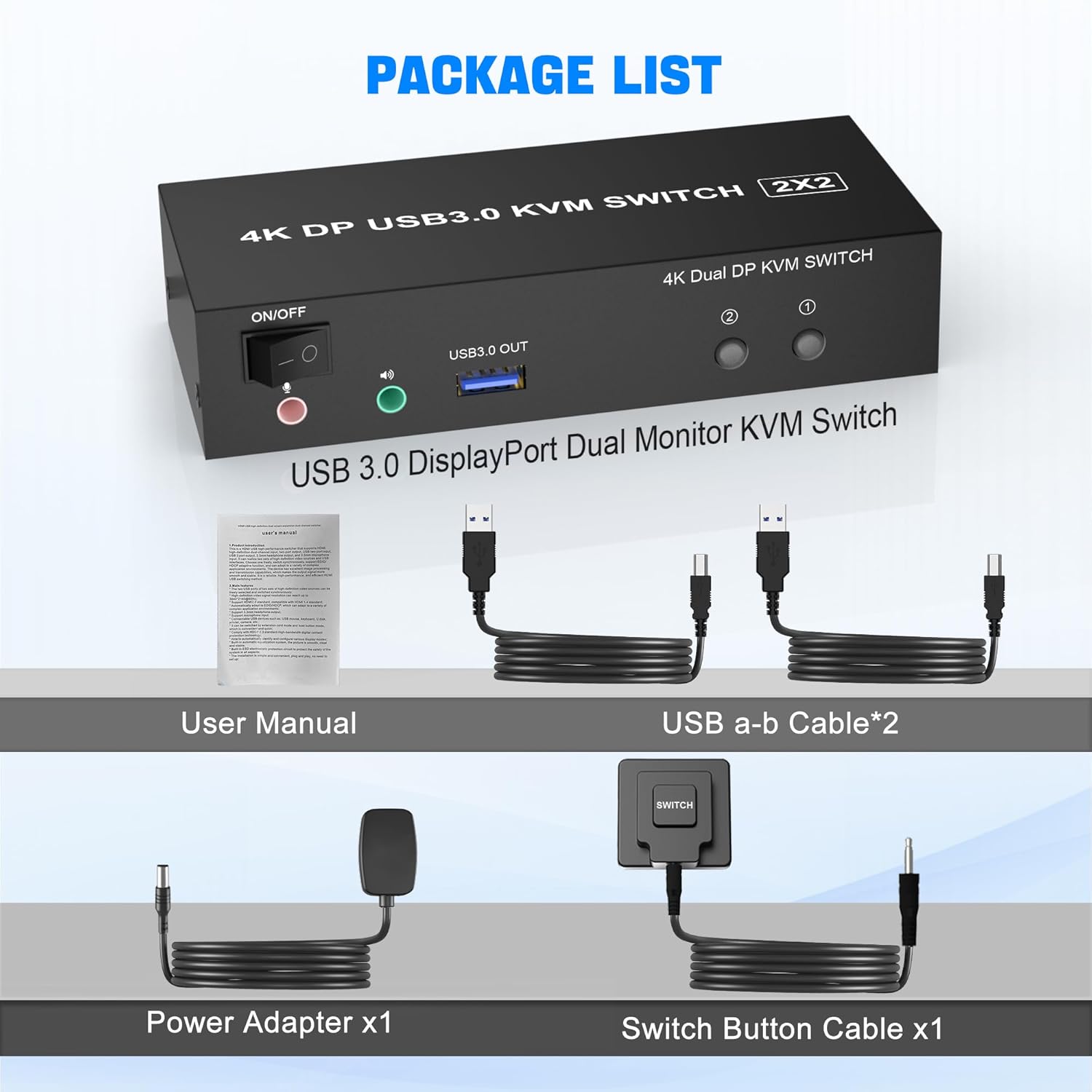 USB 3.0 DisplayPort KVM Switch Dual Monitor 4K@60Hz, KVM Switch for 2 Computers 2 Monitors Extended and Mirrored Display, Displayport Switch with Audio Microphone Output and 3 USB 3.0 Ports