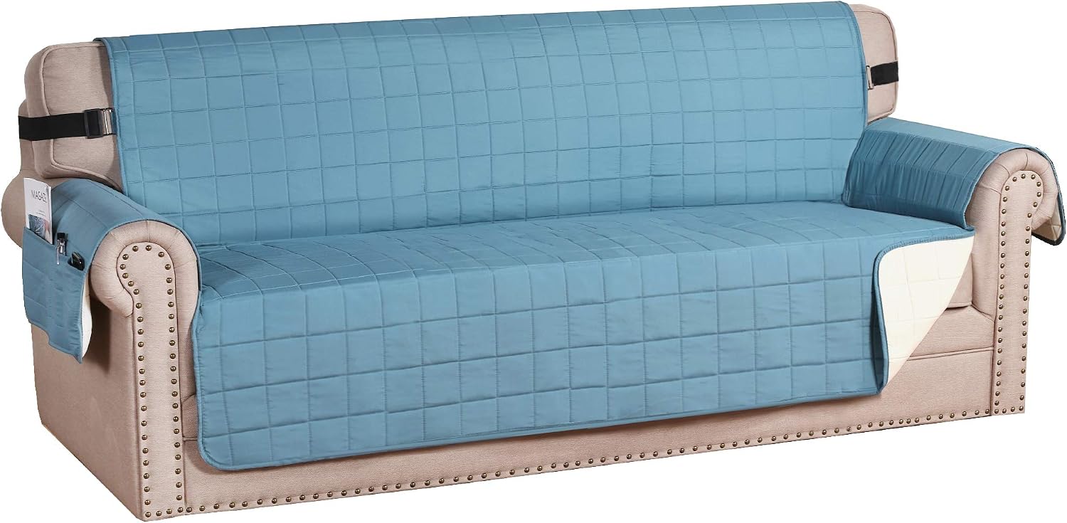 H.VERSAILTEX Sofa Slipcover Reversible Couch Cover Foam Quilted Sofa Covers for Dog Water-Repellent Furniture Protector with Side Pocket Seat Width up to 70" (Sofa, Smoke Blue/Beige)