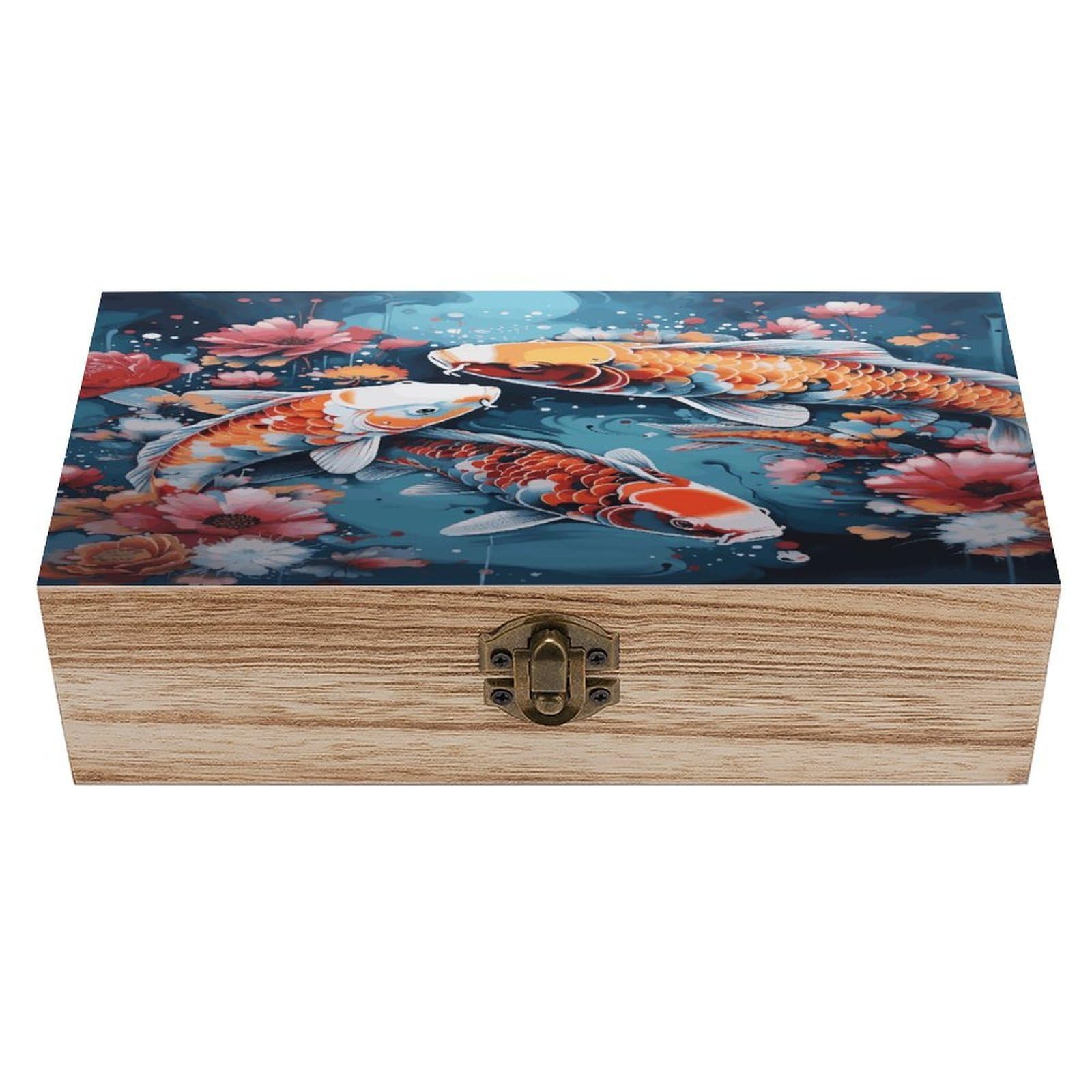 Btcowzrv Style Hand Drawn Fish Wooden Storage Box, Keepsake Box With Hinged And Retro Lock, Wood Jewelry Organizer For Photos & Mementos And Home Decor