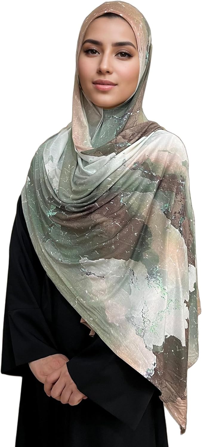 Printed Jersey Cotton Scarf for Women, Stretch Soft Hijab, Lightweight Breathable Head Wrap for All Seasons