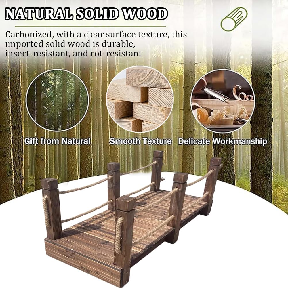Outdoor Wooden Garden Bridge with Rope Handrail, 4.6/5.9Ft Rectangular Footbridge, Vintage Country Pond Bridge Decoration, 300Kg Load-Bearing, Walking Landscape Bridge,L140×w60×h65cm
