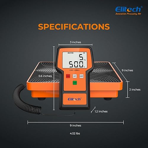 Miniatura 14 de Báscula Elitech LMC-100F digital, de carga, para refrigerante, para calefacción, ventilación y aire acondicionado, 110 libras, con funda