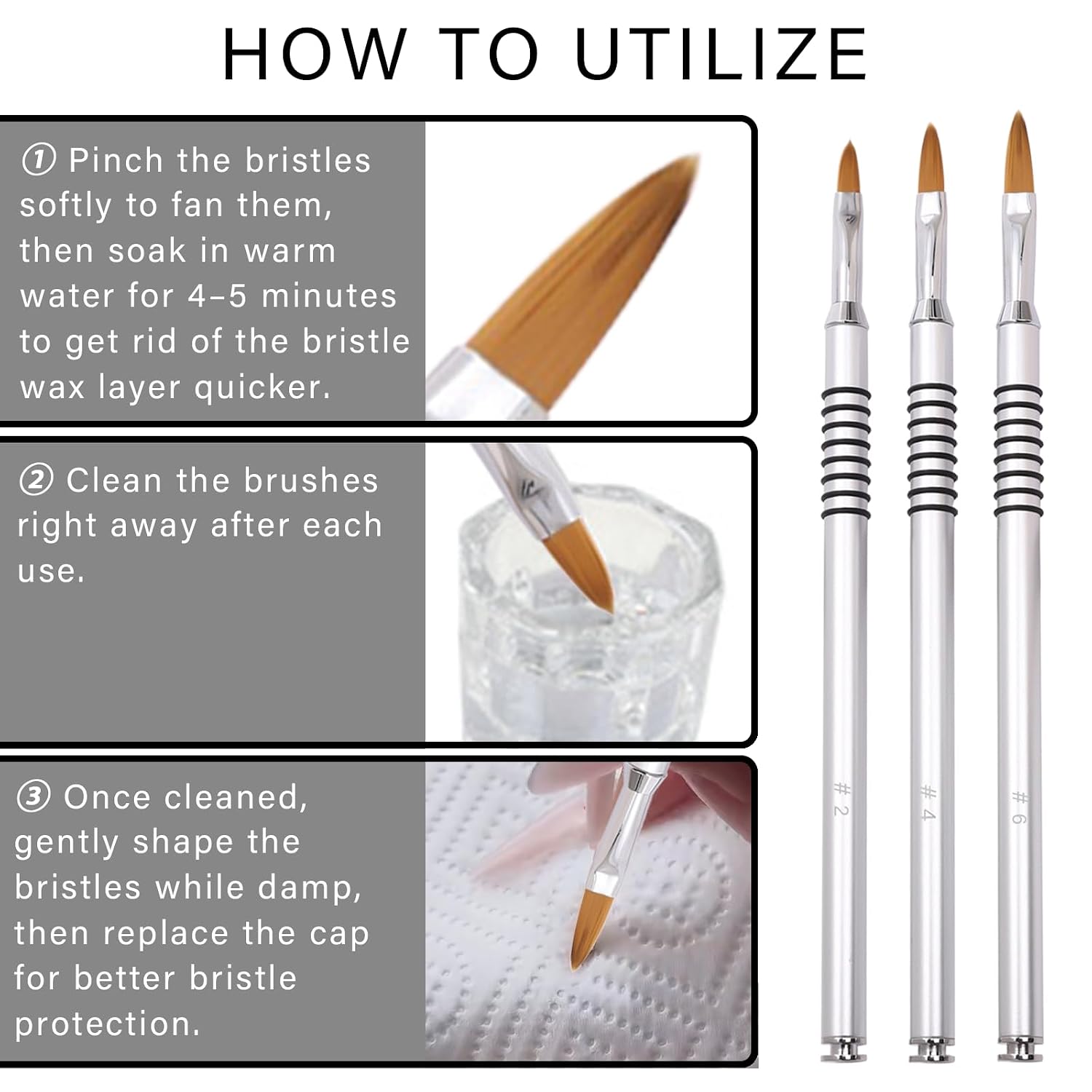 3 Pack 3D Nail Art Brush for Acrylic,Non-slip Handle,Flower Nails Design Brushes,For Polish Clean up Manicure Scul Pture Tools Women Application,Size 2/4/6#