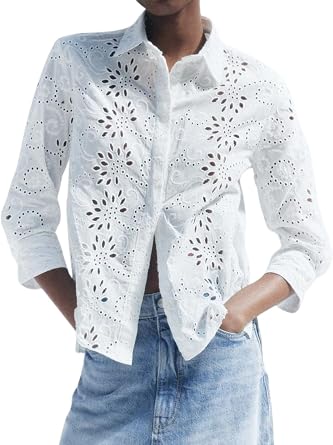 Womens Long Sleeve Button Down Shirts Casual V Neck Eyelet Embroidery Hollow Out Tops Blouse