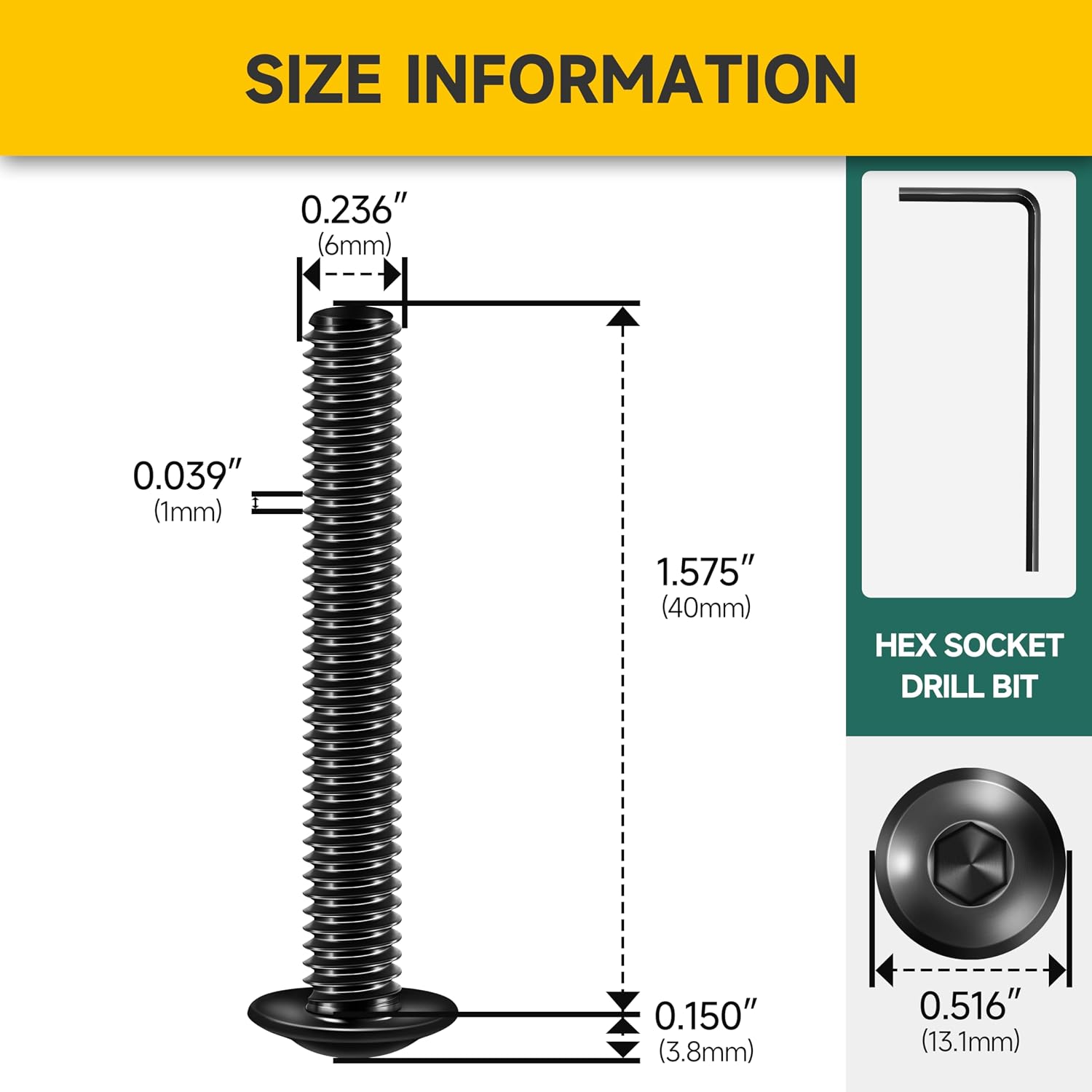 Mywish M6 x 40mm 25Pcs Flange Button Head Hex Socket Cap Screws Bolts, 304 Stainless Steel Furniture M6x1.0 Bolts Full Thread, Black Oxide & Hex Spanner