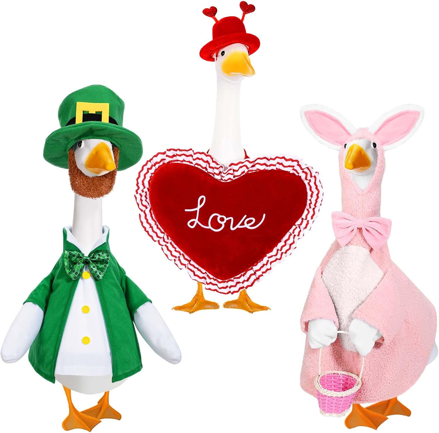 JcHrmers 3 Sets Porch Goose Outfits Valentines St. Patrick's Day Easter Goose Outfit Lawn Porch Goose Clothes Fits 23" Cement Plastic Goose Statue for Outdoor Garden Yard Patio Art Decor