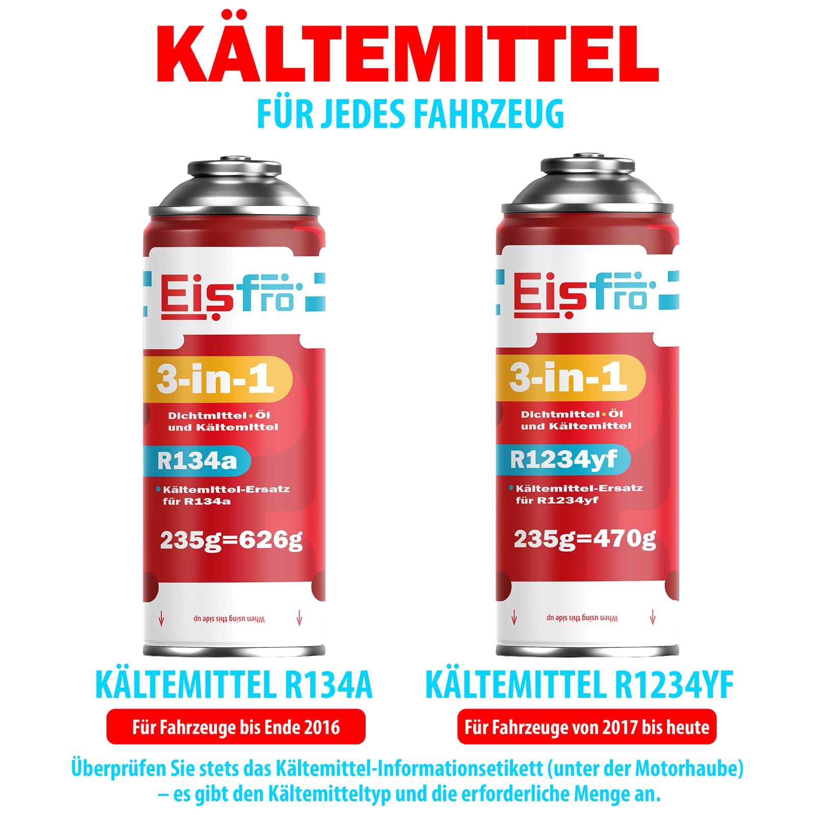 Set mit 1x R134a Ersatzgas und 1x 3in1 Klimaanlagen Kältemittel Dichtmittel Öl mit Füllschlauch – für Auto Klimaanlage – 2 x 235 g