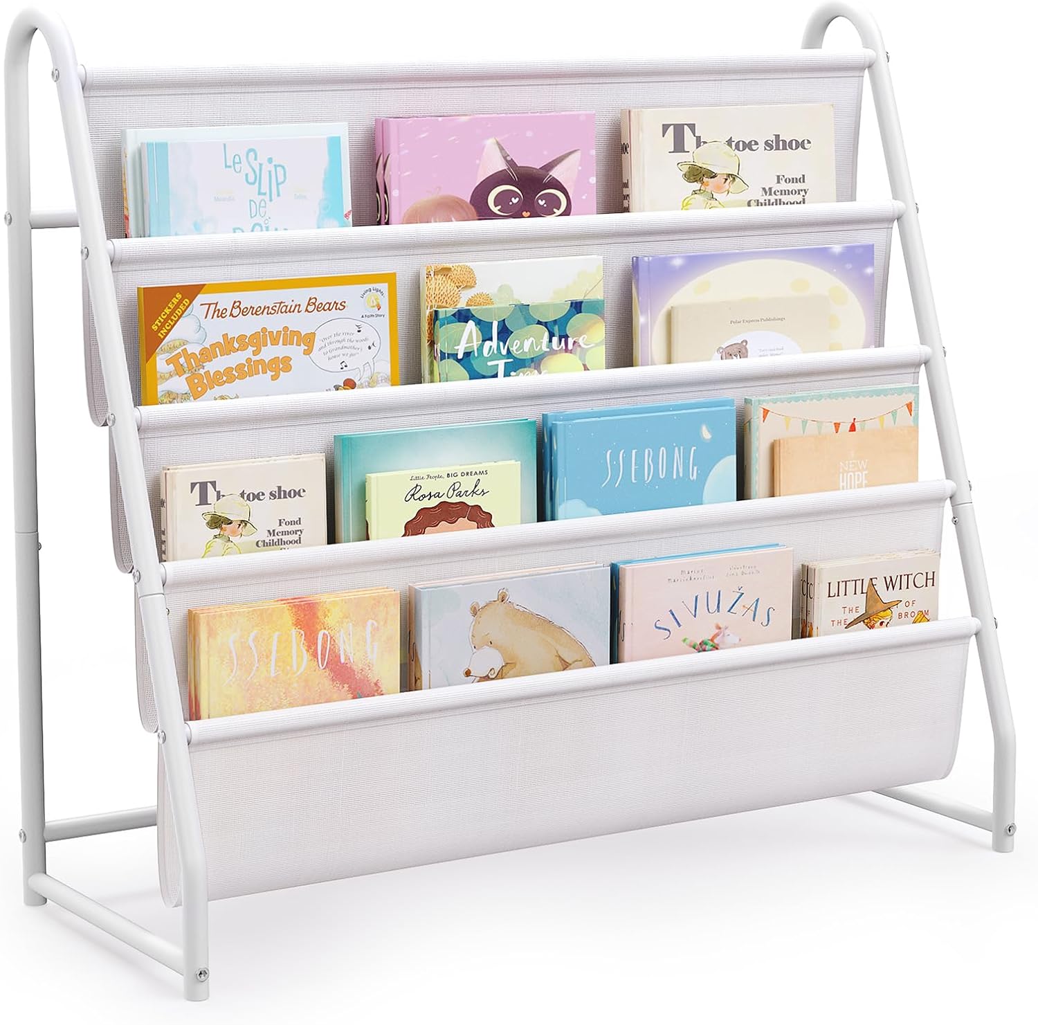 Tatub 4 Tier Kids Bookshelf for Kids Rooms, Metal Children Book Rack Montessori Bookshelf, Toddler Sling Bookrack Display for Nursery, White
