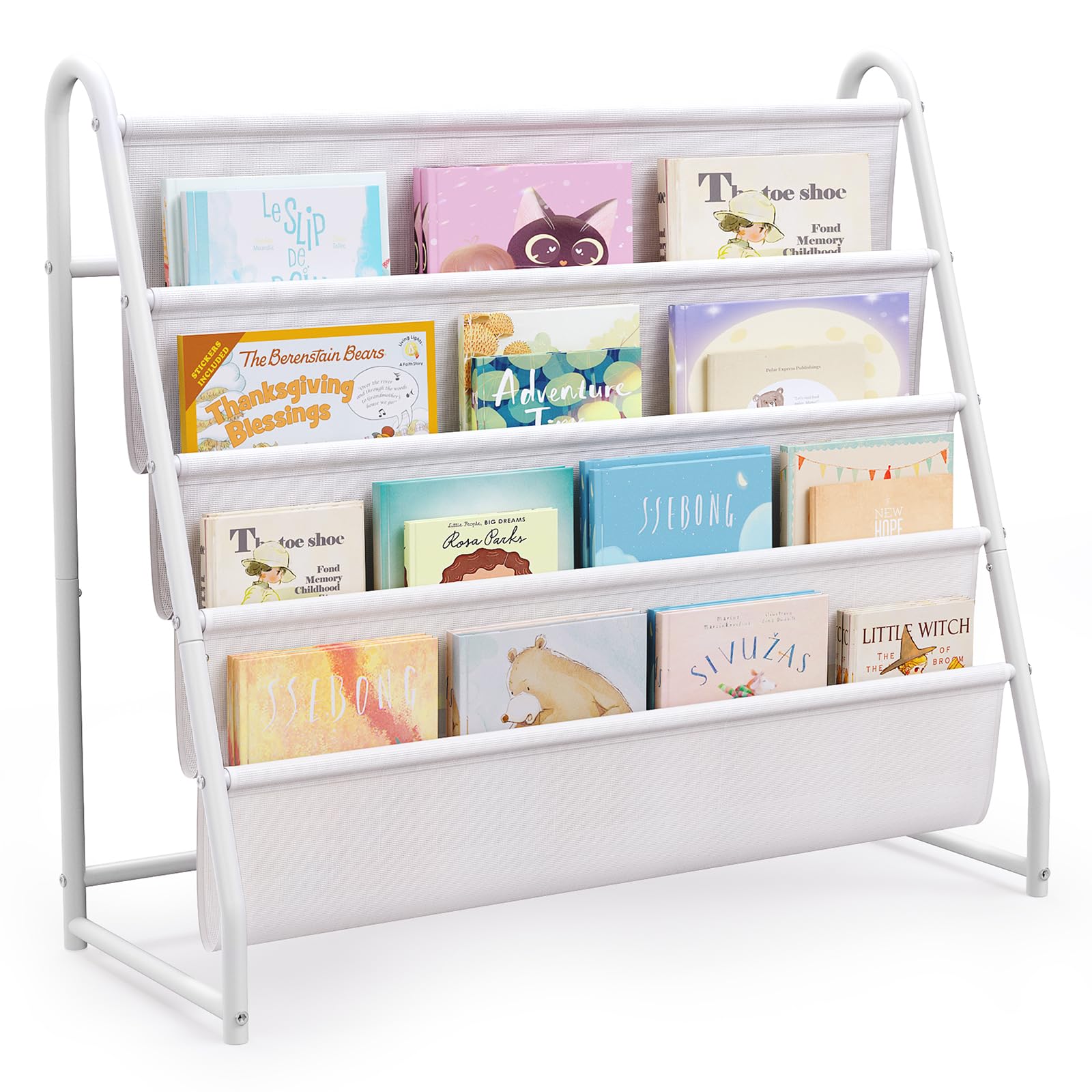 Tatub 4 Tier Kids Bookshelf for Kids Rooms, Metal Children Book Rack Montessori Bookshelf, Toddler Sling Bookrack Display for Nursery, White