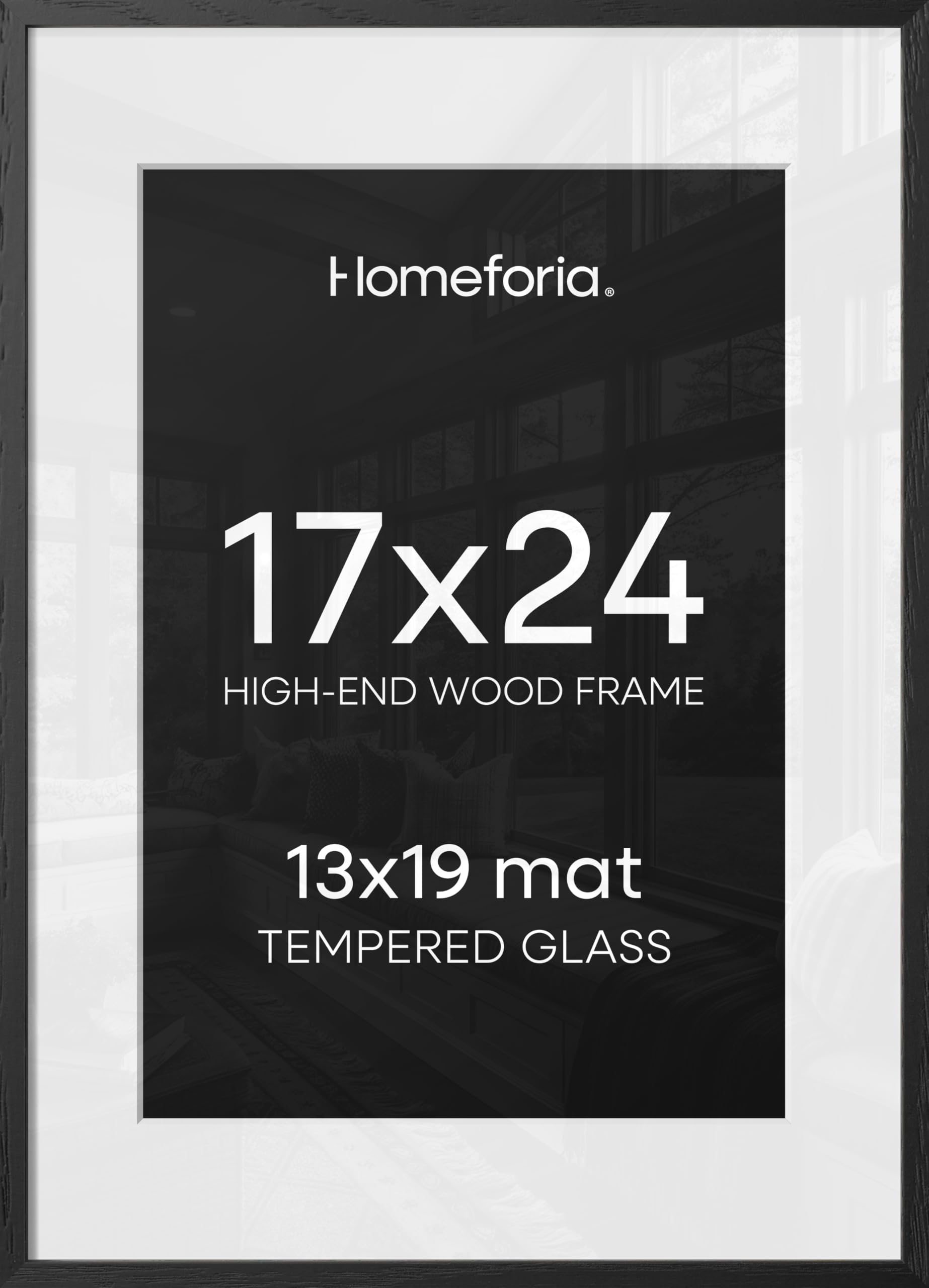 Homeforia 17x24 Picture Frame Black Wood, High End Oak 17x24 Poster Frames with Mat 13x19 Photo, 17 x 24 Wooden Frame Matted to 13 by 19 Print, 24x17 Hanging Frames, Tempered Glass, Wall Kit, Set of 1