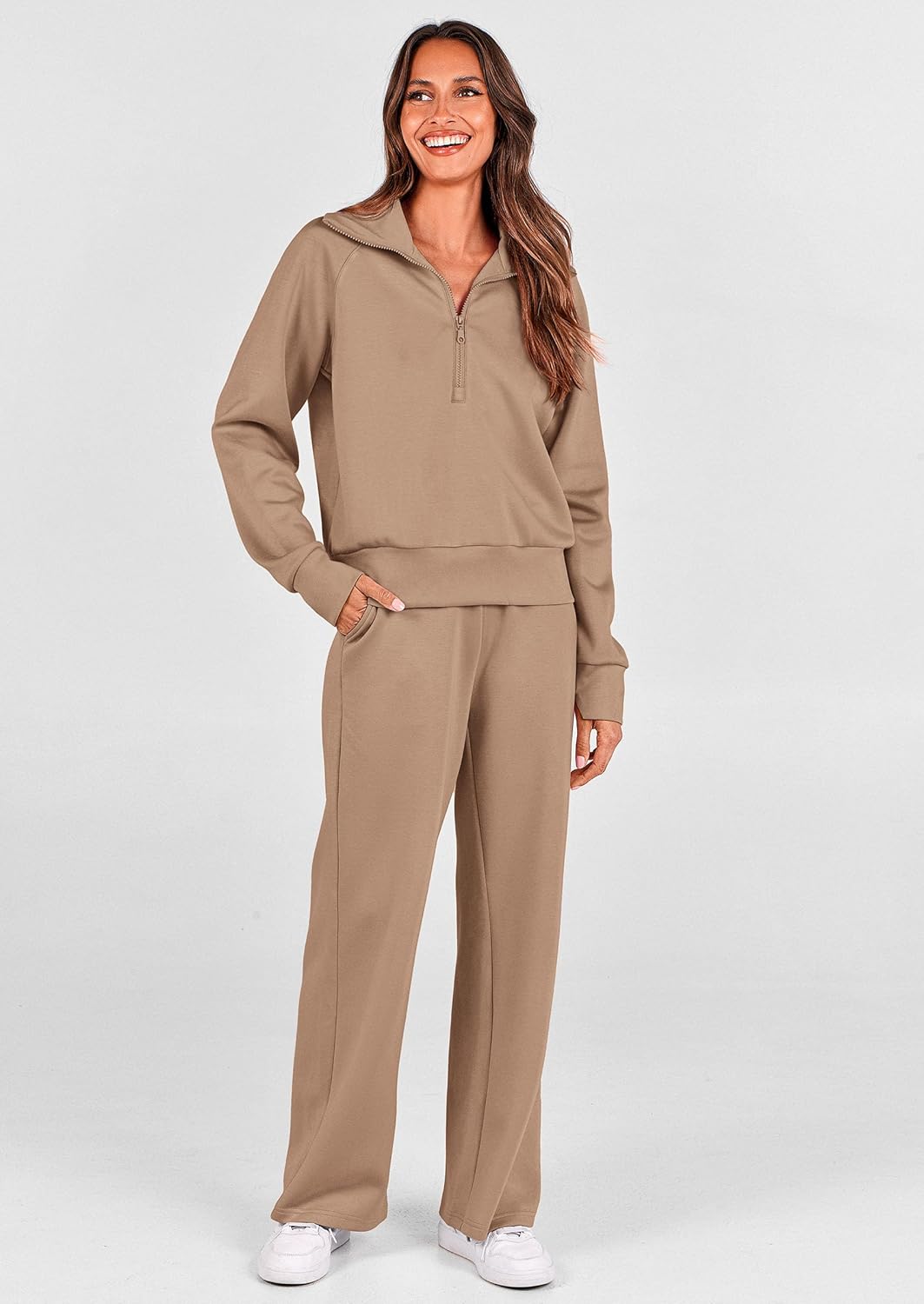 PRETTYGARDEN Women's 2 Piece Outfits Casual Lapel Half Zip Sweatshirts and Wide Leg Pants Tracksuit Sets - Image 8