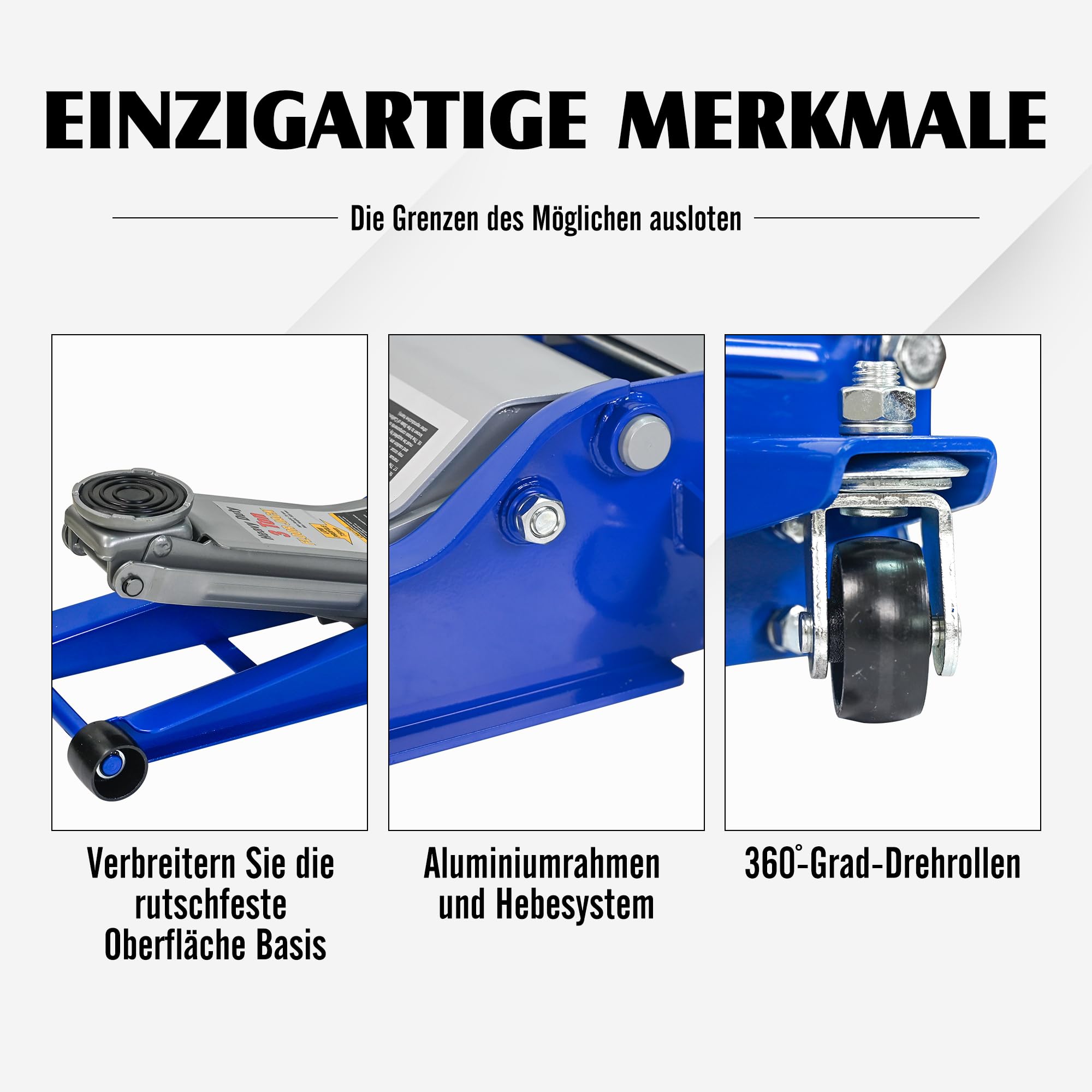 Cric idraulico a carrello 3T, con pompa a doppio pistone, altezza di sollevamento 75-505 mm, ruote girevoli a 360°, blu/argento, per auto e SUV