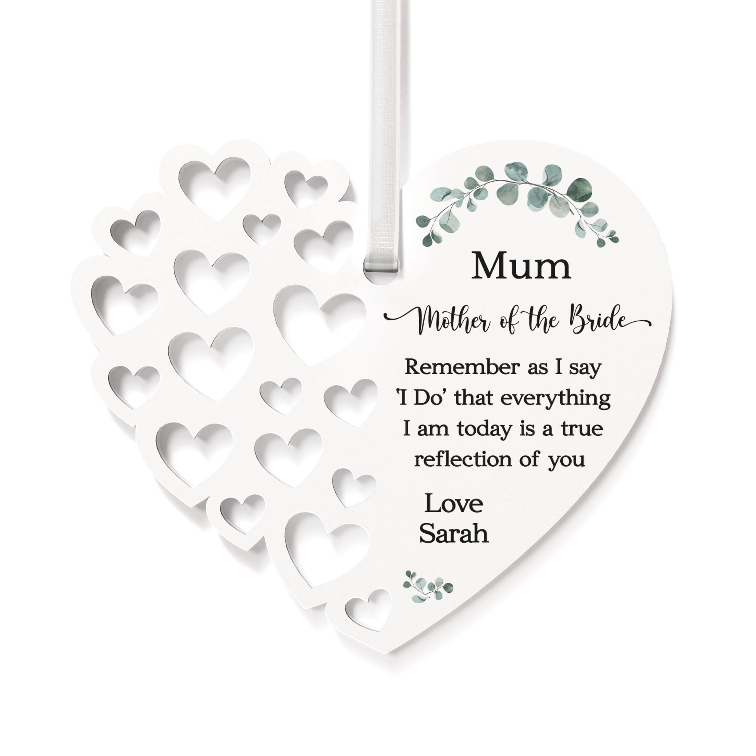 Beecreative Personalised Mum Wedding Gifts - Acrylic White Heart Ornament - Custom Mother Of The Bride Gift From Daughter - With Grey Bag