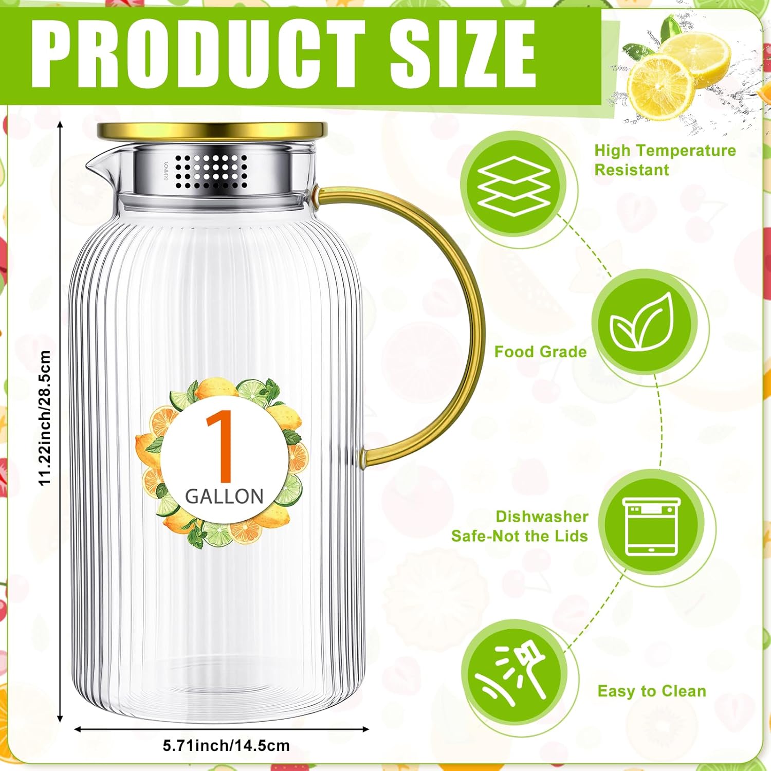 Honeydak 1 Gallon/128 oz Glass Pitcher with Lid and Handle, Heat Resistant Spout Glass Water Pitcher Carafe with Food Grade Leakproof Silicone for Hot/Cold Drinks Water Fridge Beverage Party