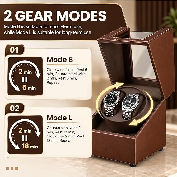 Mcbazel Double Automatic Watch Winder Box, Automatic Watch Display Storage Rotation Wristwatch Box with 2 Slots-Brown