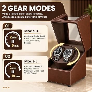 Mcbazel Double Automatic Watch Winder Box, Automatic Watch Display Storage Rotation Wristwatch Box with 2 Slots-Brown