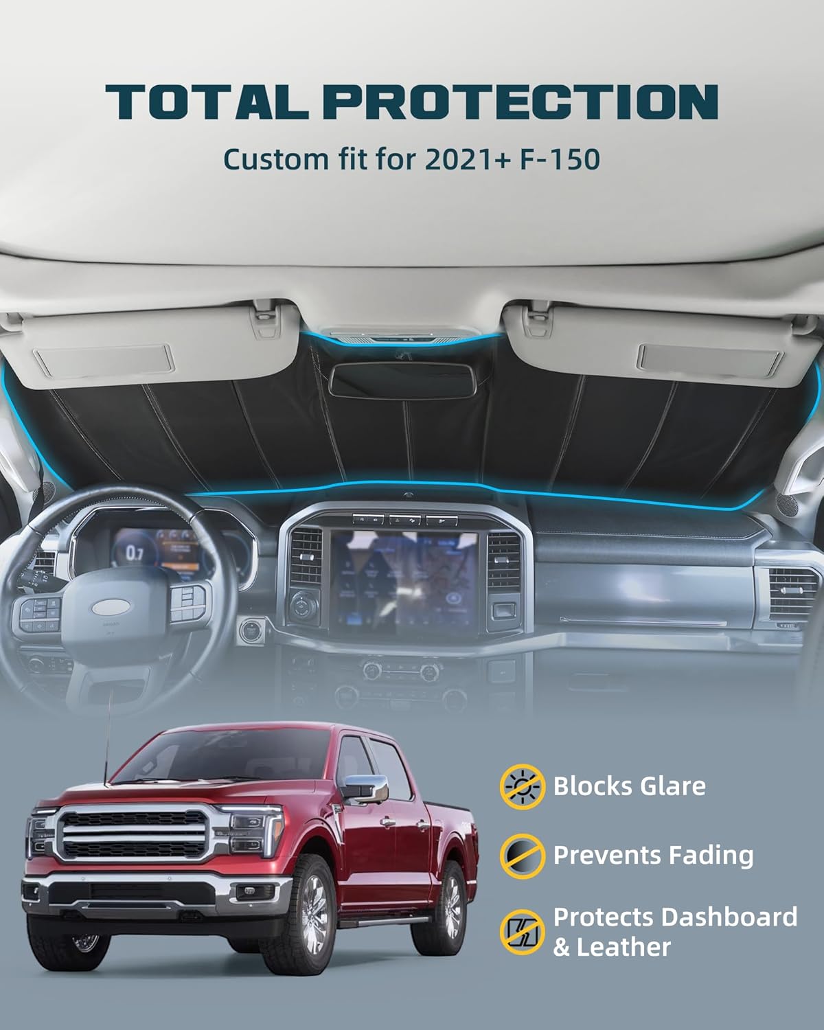 Upgraded Windshield Sun Shade Fit for Ford F-150 2021–2026, Complete UV Blocking Foldable Sunshade, Long-Lasting Interior Protector