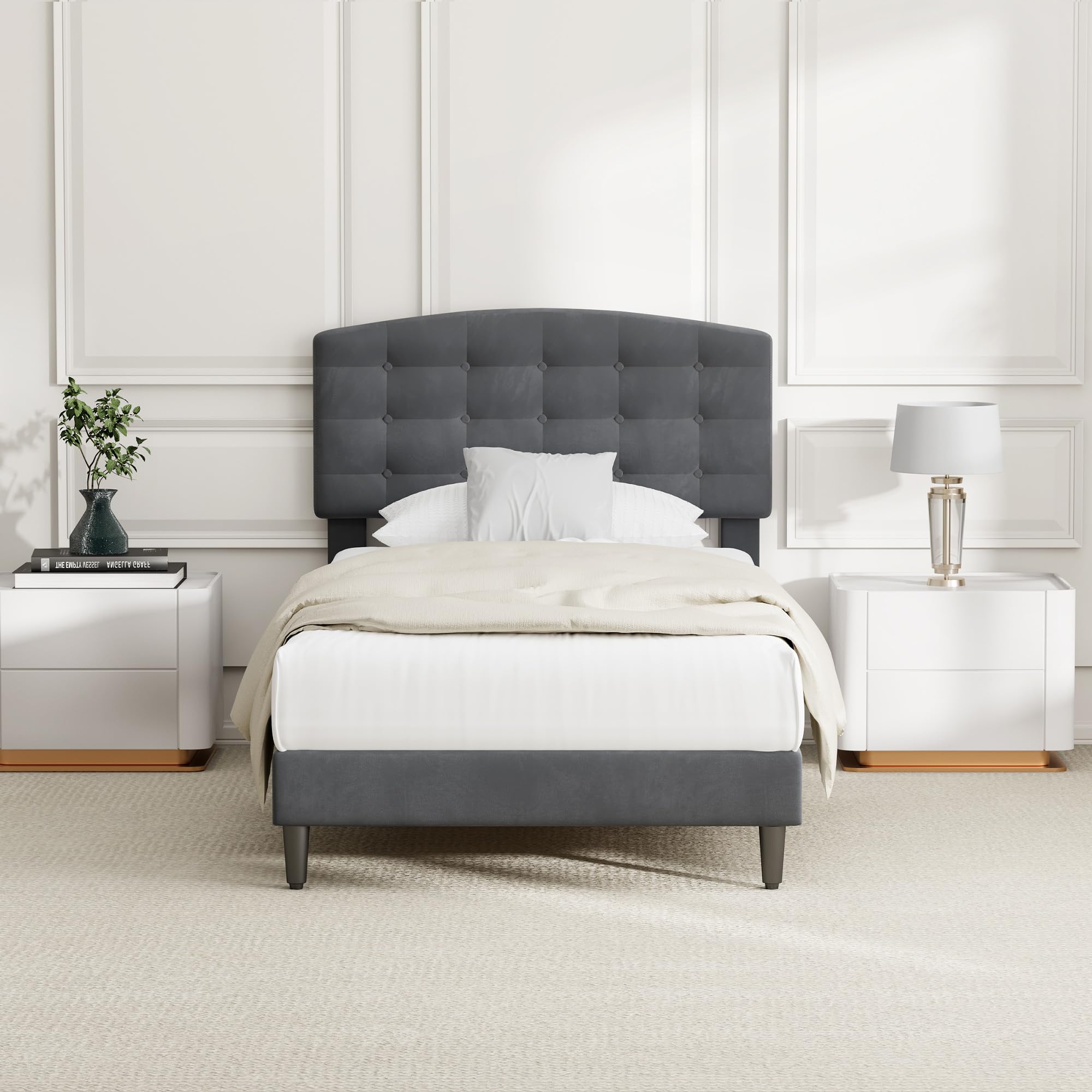 CozyLiving Single Upholstered Bed Frame with Cozy Button Tufted Headboard & Adjustable Height, Wood Slat Support, No Box Spring Needed - CHEYENNE (Dark Grey)