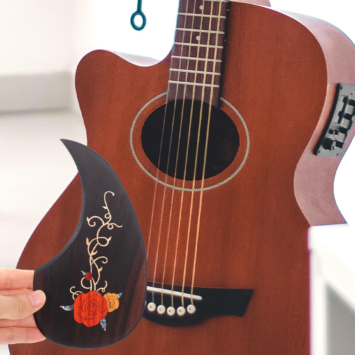 Veemoon Dekorative Gitarren Aufprallschutzplatte für Akustikgitarre 2 Stück Rosewood Schlagbretter mit Anti Kratz Schutz und Selbstklebender Rückseite für Musik Zubehör