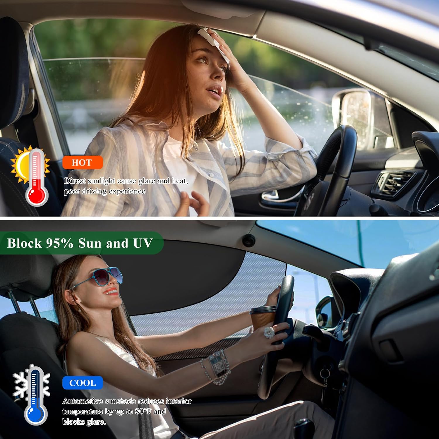 2PCS Car Window Shades, Magnetic Double Layer Front Window Sunshade with Half Shade, Automotive Curtain Breathable Mesh Sun Block UV Rays Protection for Driver Passenger
