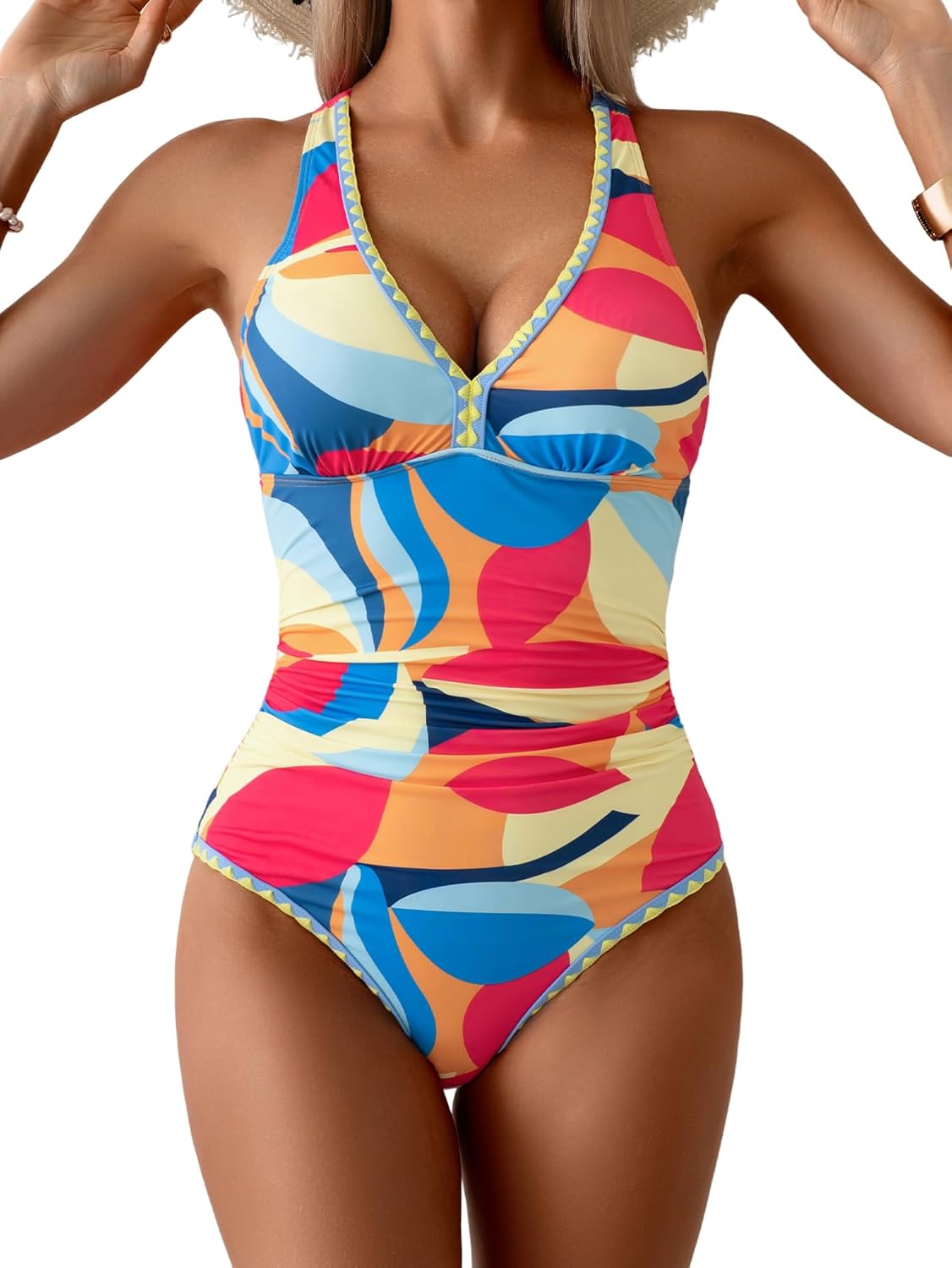 B2prity One Piece Swimsuit for Women Tummy Control Ruched Bathing Suit Push Up Tie Back Swimwear Shell Stitched