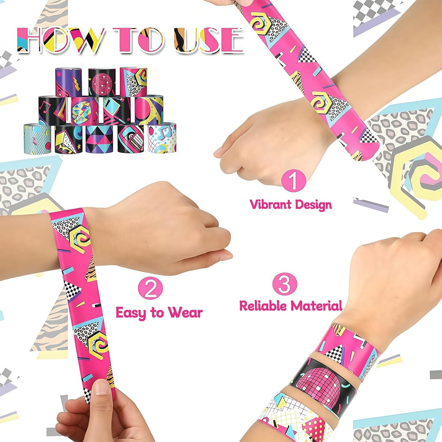74PCS 80s 90s party decorations 50PCS Retro Theme Stickers&24PCS Slap Bracelets 80s 90s Birthday Supplies Team Gift Filler for Adults - Image 3