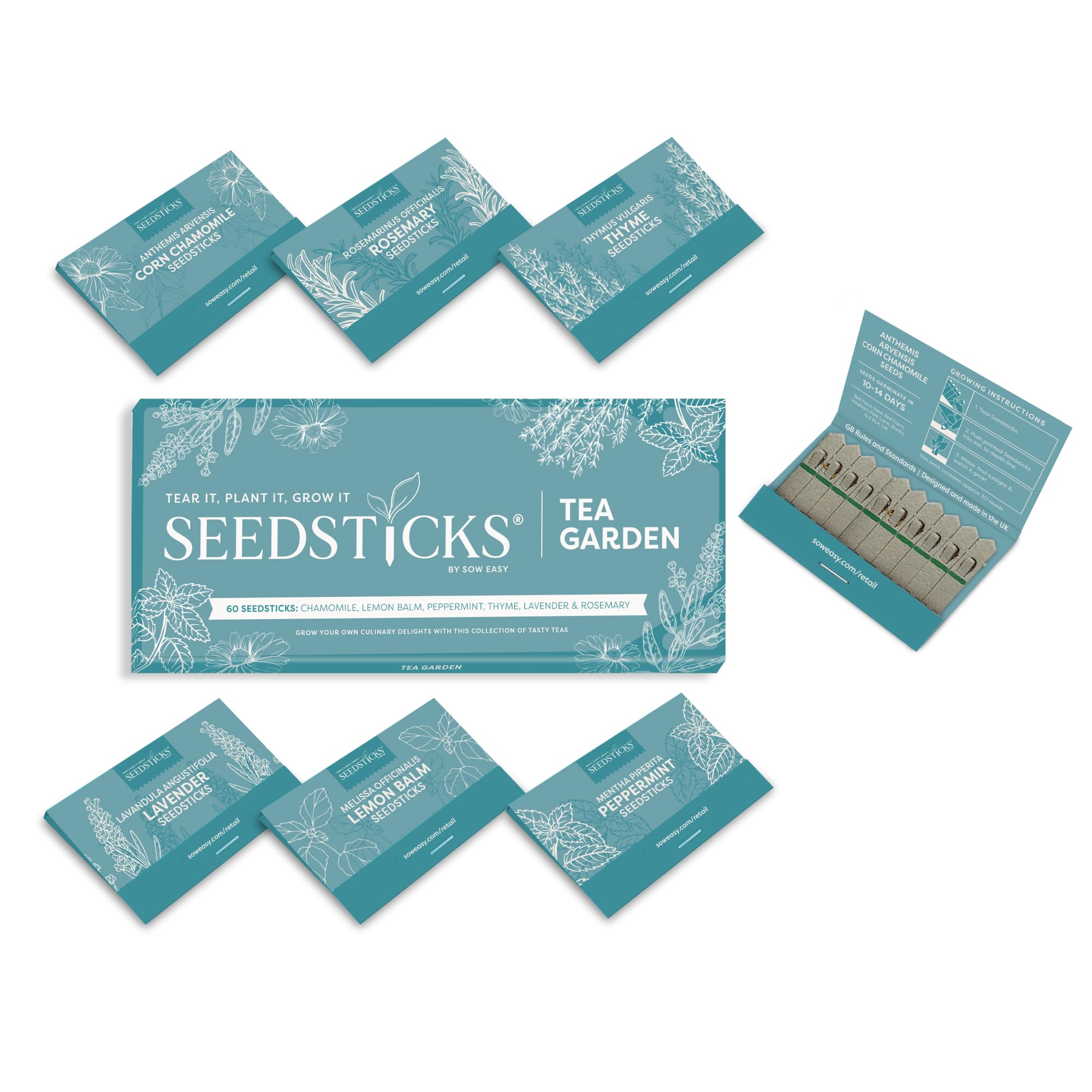 Seedsticks Tea Garden Grow Your Own Herbal Tea Kit - Chamomile Lemon Balm Peppermint Thyme Lavender Rosemary - Easy Herb Seeds for Home Tea - Herbal Garden Starter Gift โ image 1