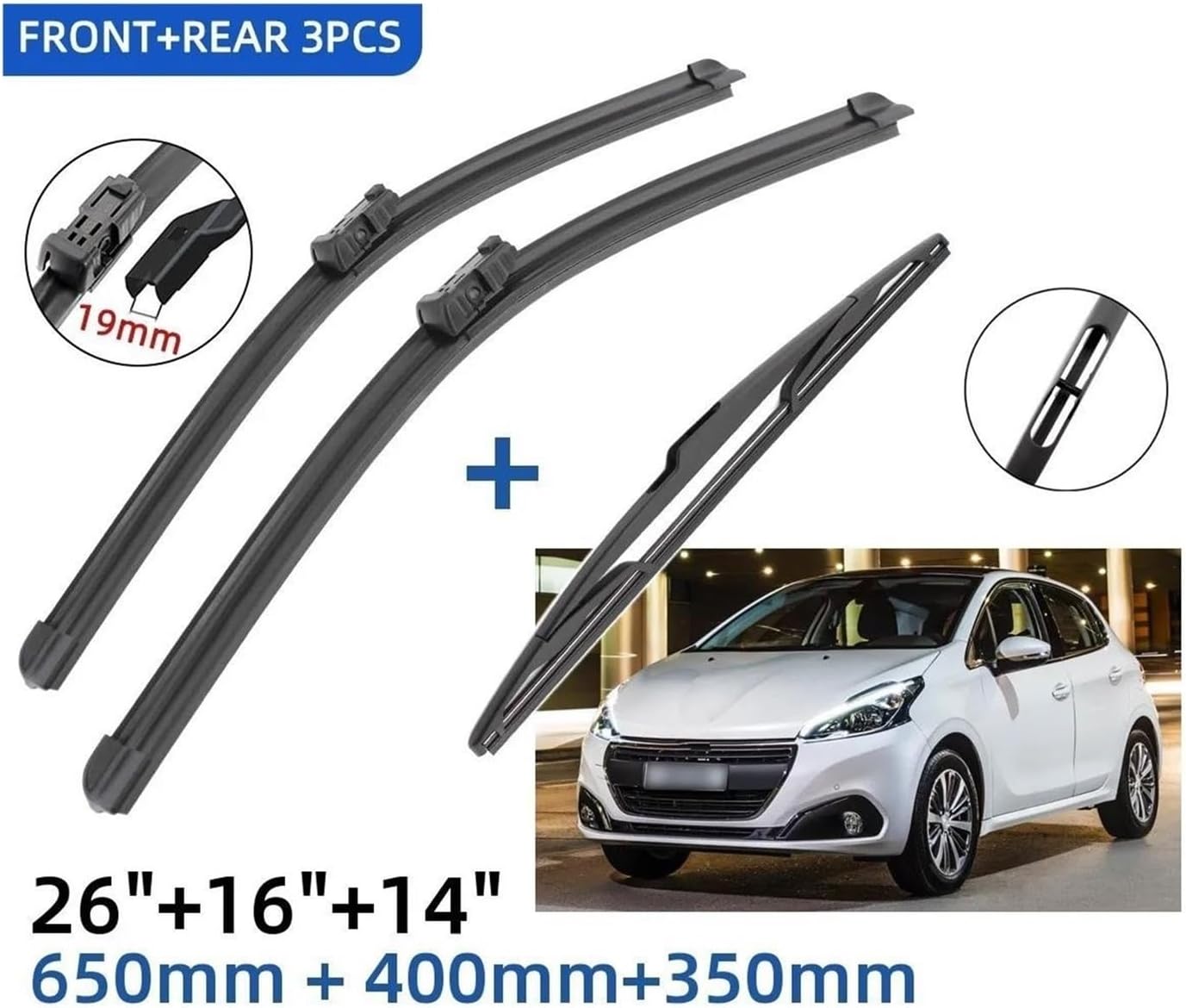 Set of 3 Wiper Blades Compatible with Peugeot 208 (2012-2017) | Front 26"+16" and Rear 14" | Silent
