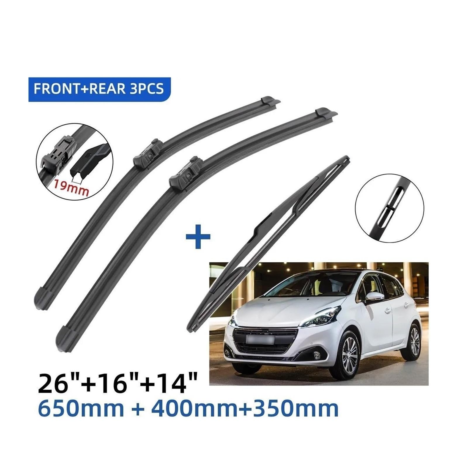 Tergicristalli Auto per Peugeot 208 dal 2012 al 2017 - Set di 3 Spazzole (Anteriore + Posteriore) - Dimensioni 26"+16"+14" - Con Adattatore a Pressione (Push Button 19mm)