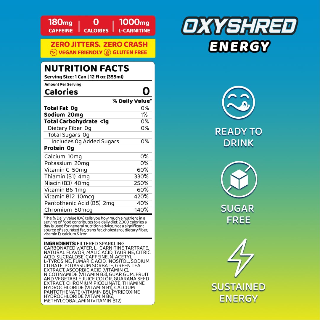 EHP Labs OxyShred Healthy Energy Drink - Zero Sugar Energy Drinks with Amino Acids, Green Tea Extract, Vitamin C & L Carnitine - Zero Carbs, Zero Calories, Clean Caffeine, Gummy Snake (12-Pack) - Image 2