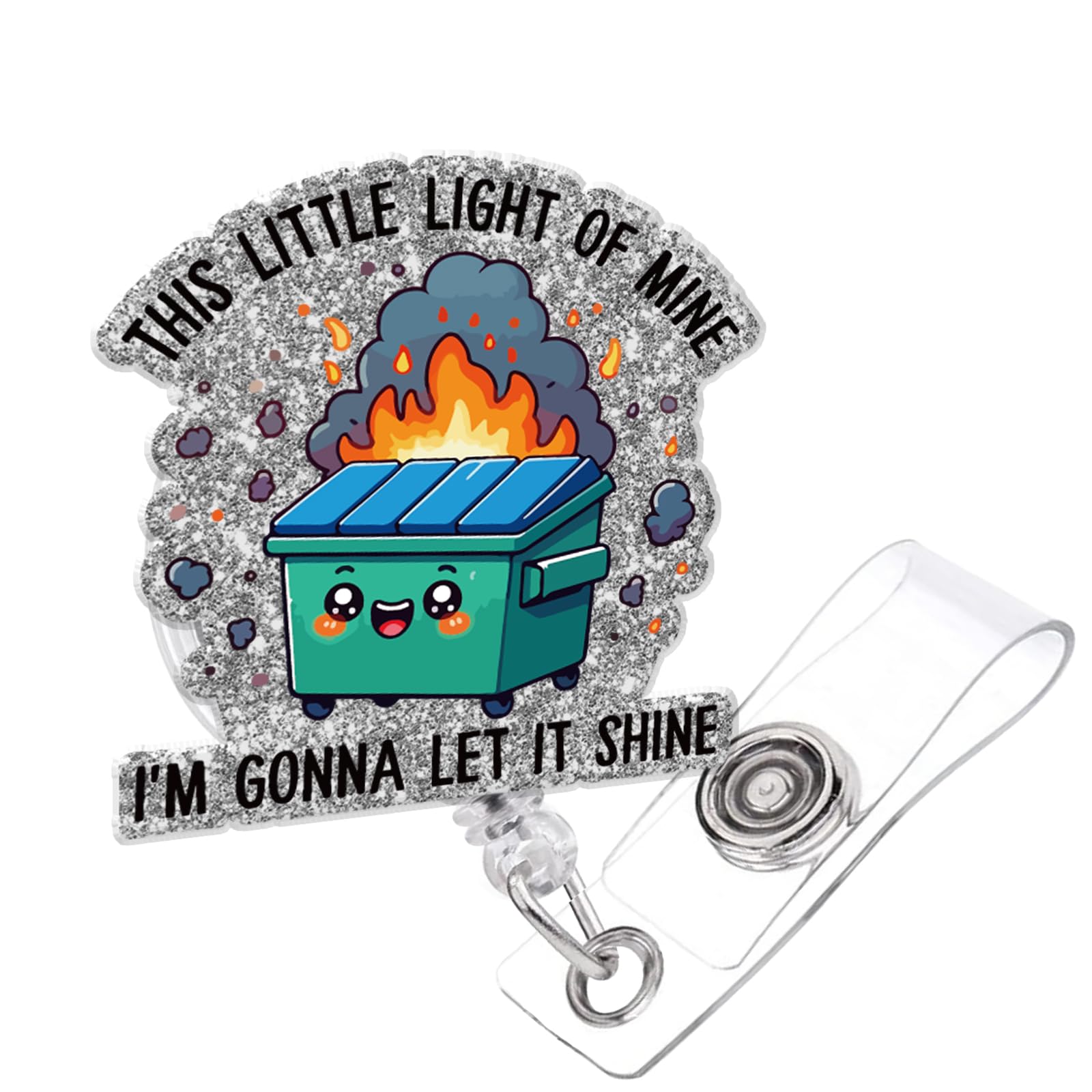 Nurse Badge Reel, It's Fine Funny Dumpster Fire Retractable Badge Reels, Silver Glitter Badge Reel Gift for Nurses Doctors Office Worker Social Worker