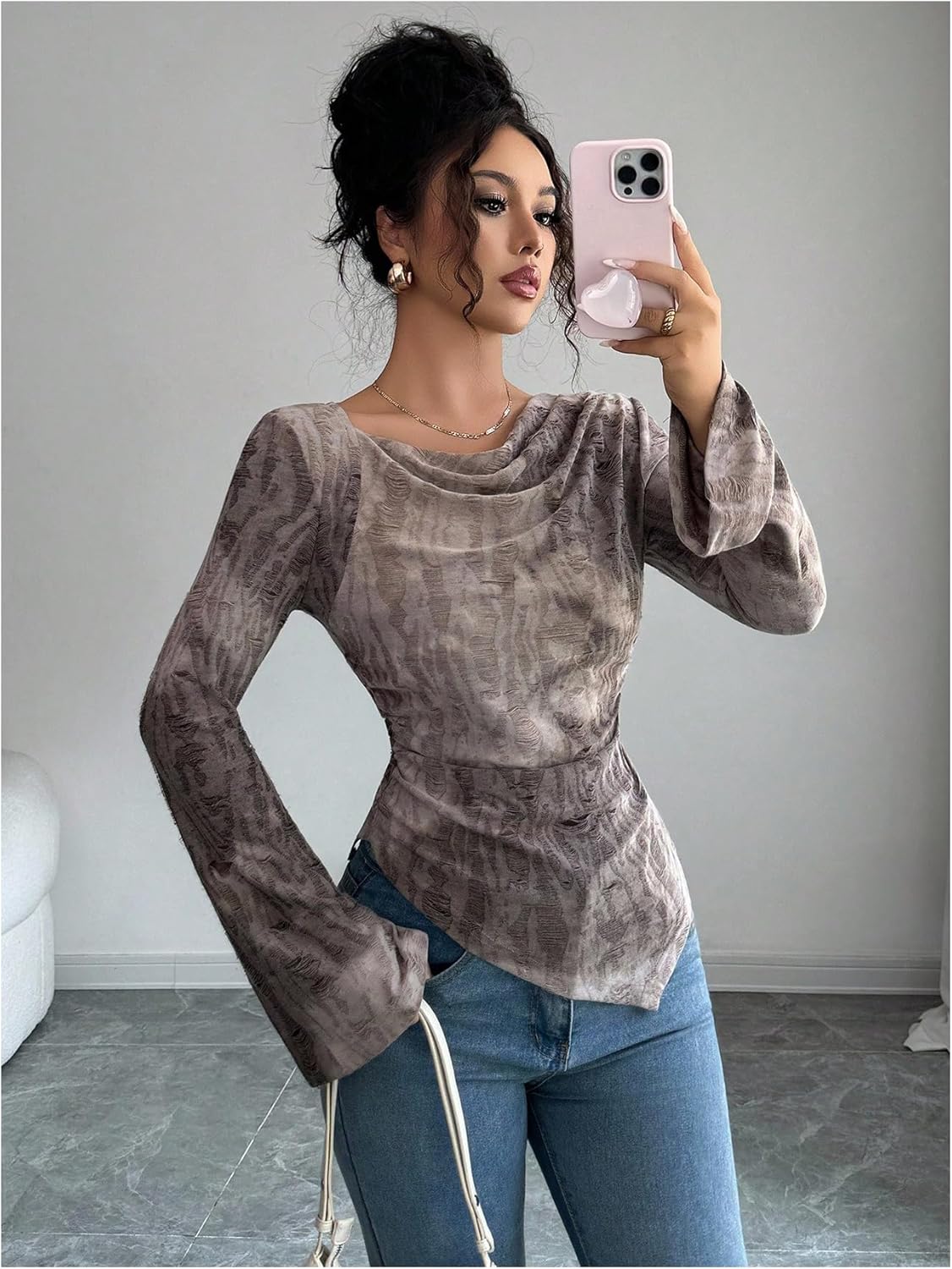 SweatyRocks Women's Tie Dye Cowl Neck Tops Asymmetrical Hem Slim Fit Bell Sleeve Ruched T Shirt - Image 3