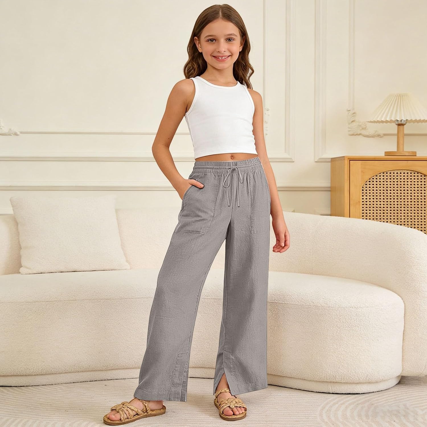 Girls Wide Leg Casual Pants Soft Stretch Comfy Everyday Playwear Trousers with Elastic Waist 4-14 Years